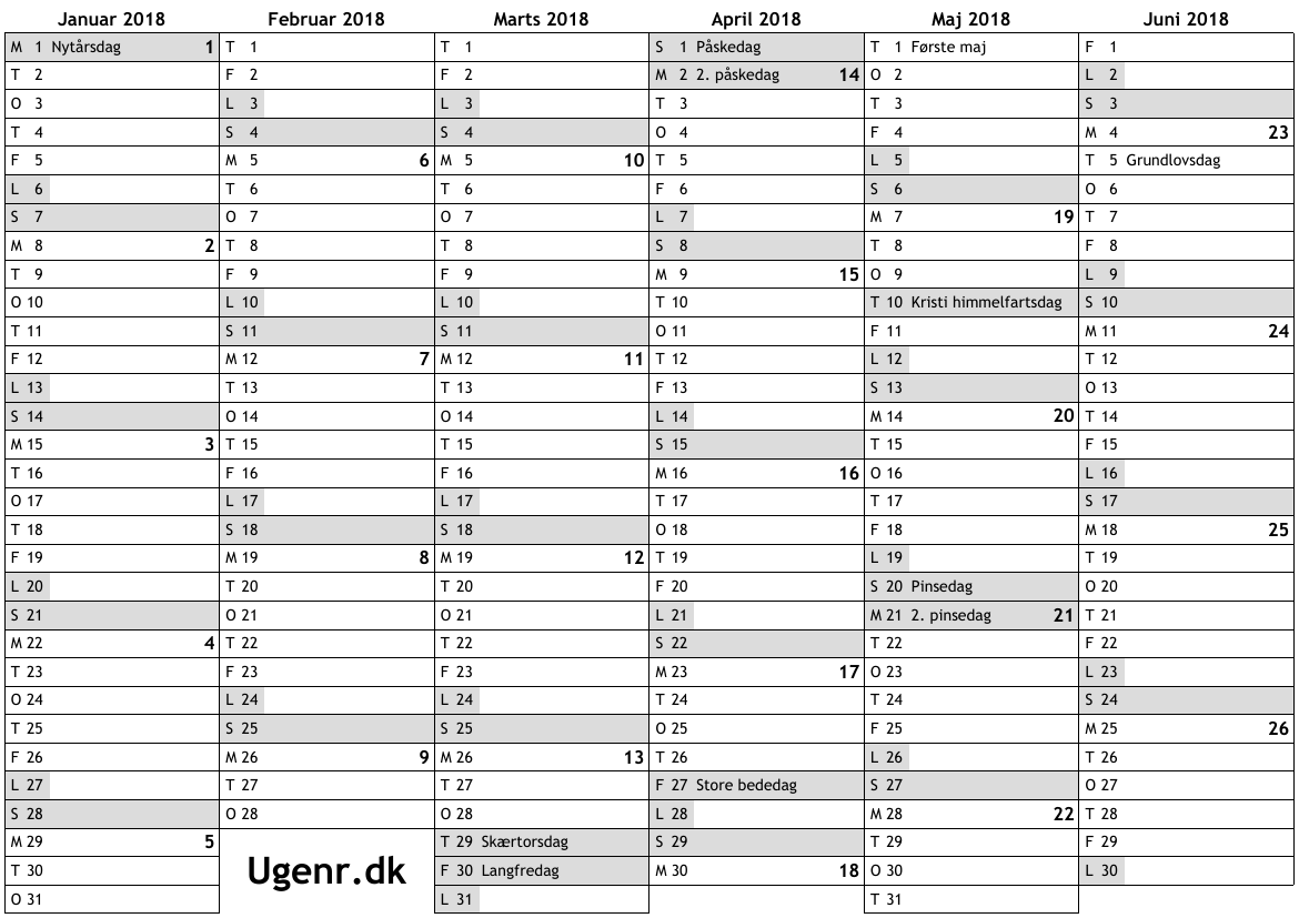 Kalender For 2018 Med Helligdage Og Ugenumre … Ugekalender, Online  Årskalender Med Uger Til Print, A4, Gratis Download, Pdf