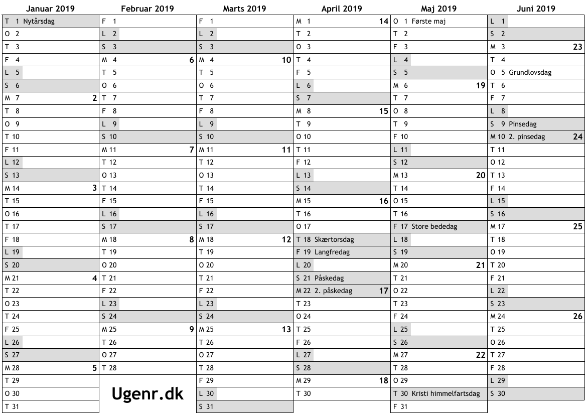 Kalender for 2019 med helligdage og … ugekalender, online årskalender med uger print, A4, gratis download, PDF