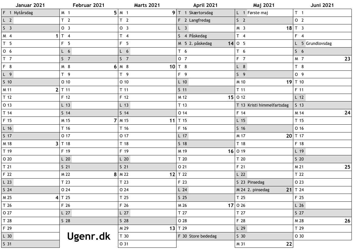Bøje presse Selv tak Kalender for 2021 med helligdage og ugenumre … ugekalender, online  årskalender med uger til print, A4, gratis download, PDF
