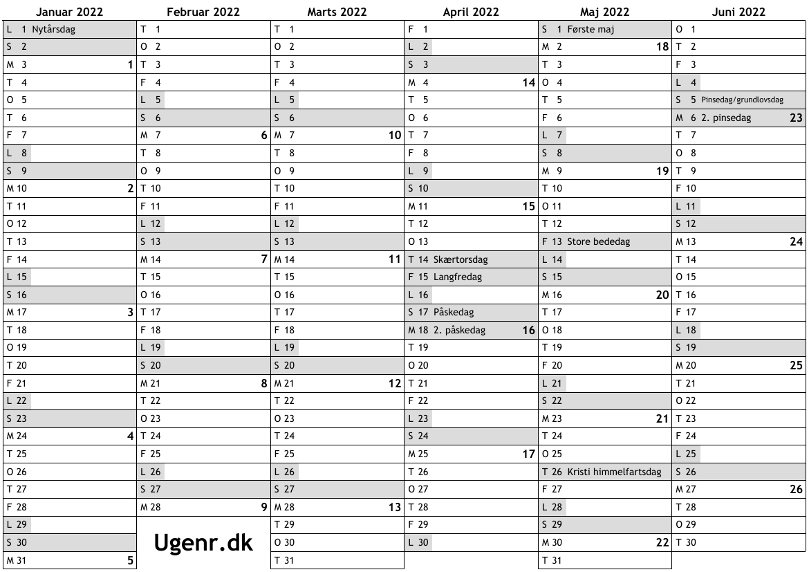 Kalender for 2022 med helligdage og ugenumre … ugekalender, online med uger print, A4, gratis download, PDF