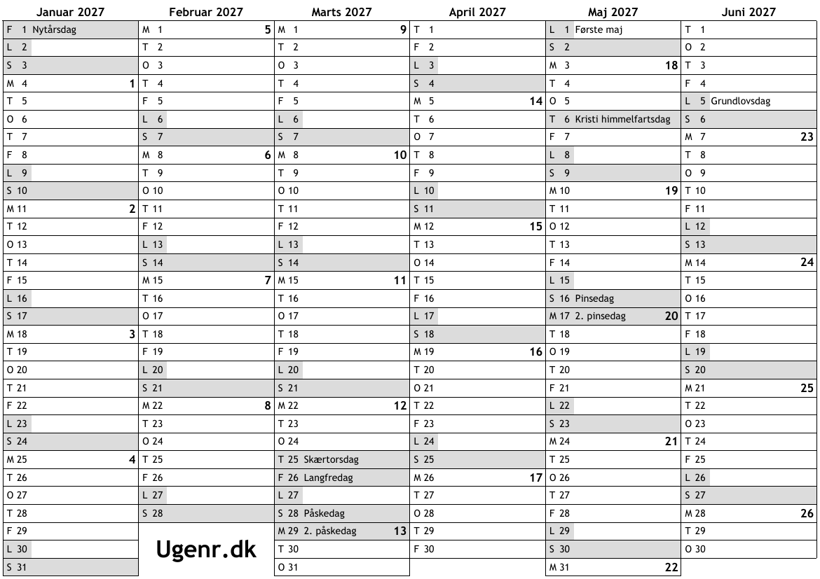 Kalender for 2027 med helligdage og ugenumre … ugekalender, online årskalender med uger til 